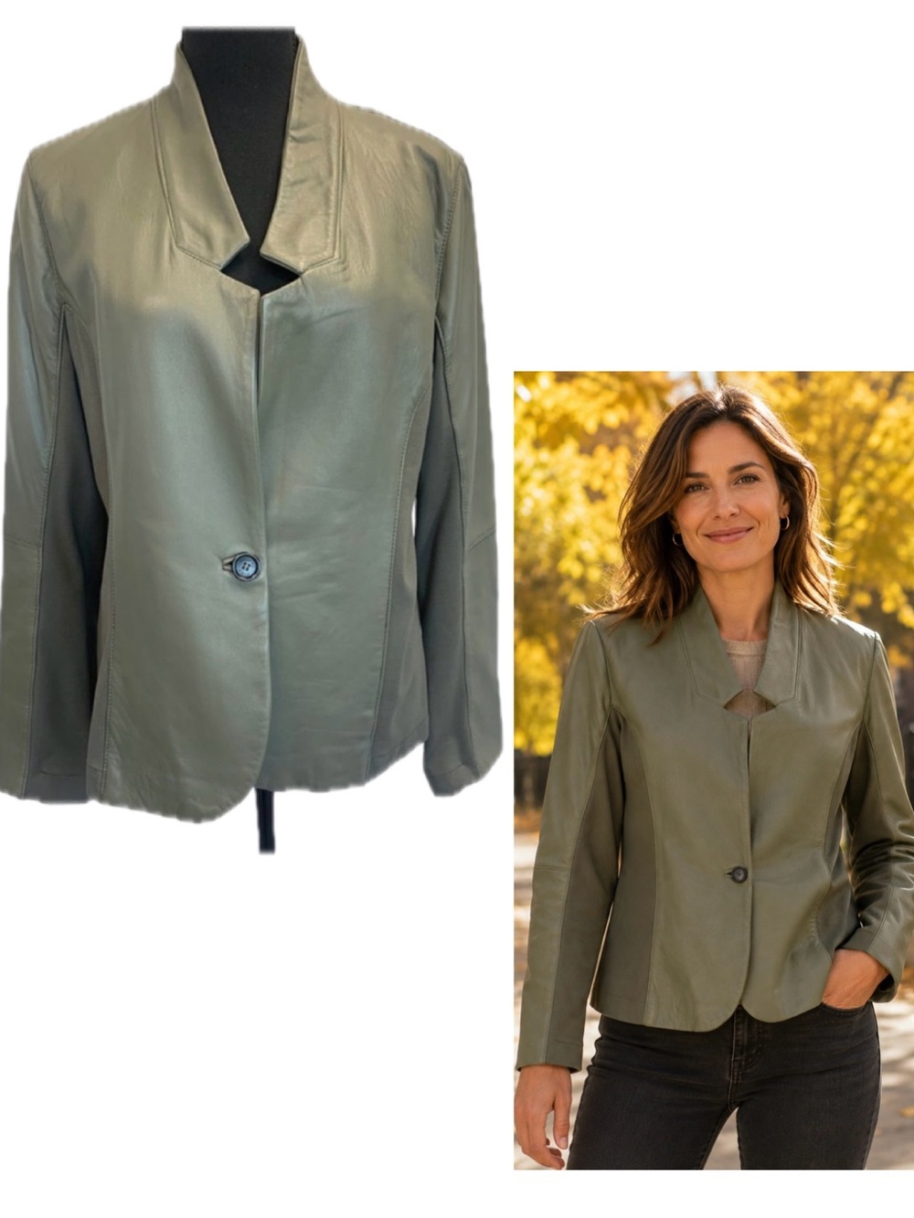 Pink Tartan Olive Green Leather Jacket Size L Single Button Tailored Blazer